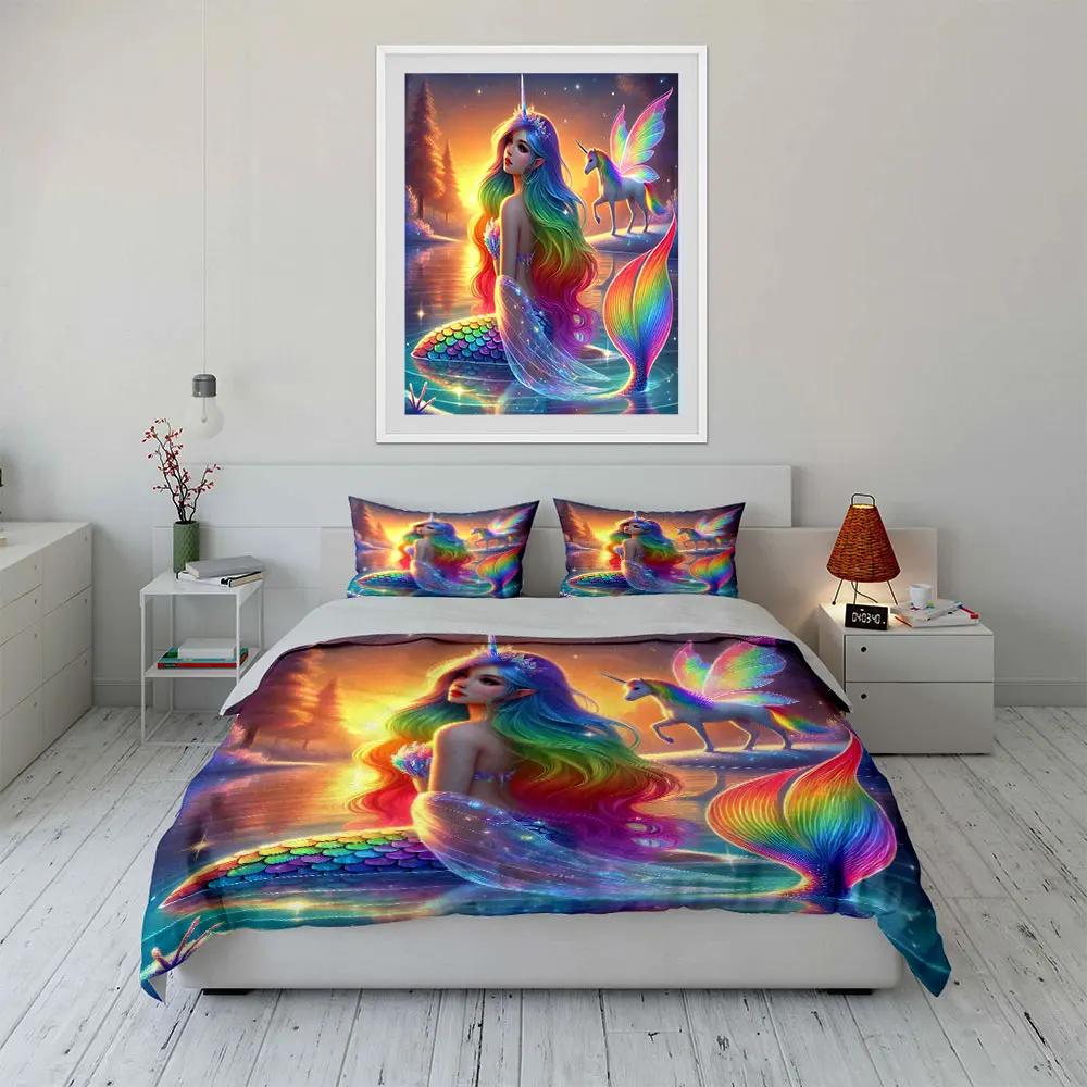 """Meerjungfrau Einhorn Fantasy Dekor Set" Weiches Bequemes Bettwäscheset Bettbezug Inklusive 1*Bettbezug & 2*Kissenbezüge, Geschenk"""