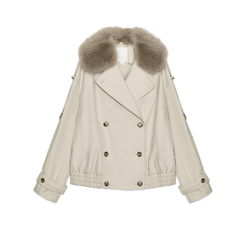 

Autumn Women clothes Detachable Artificial Fur Effect Double Breasted Short Waterproof Trench coat Jacket 3811243 raw white L