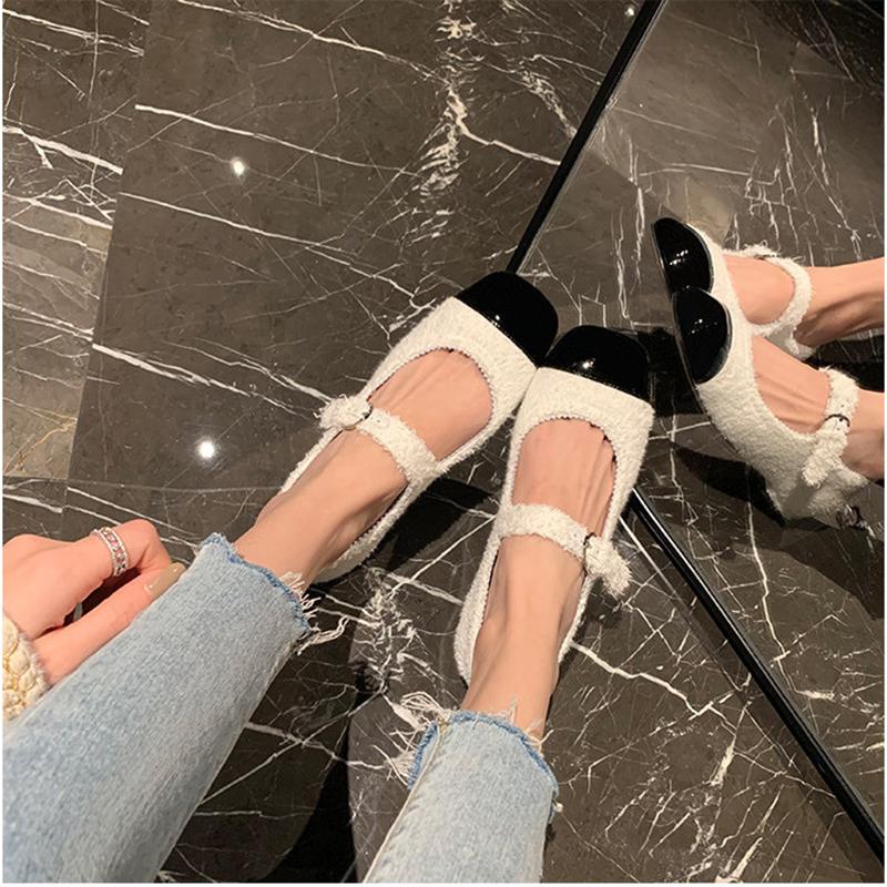 Mixed Colors Mary Janes Shoes Women Buckle Strap Tweed Flat Shoes For Women Square Toe Elegant Designer Shoes Women