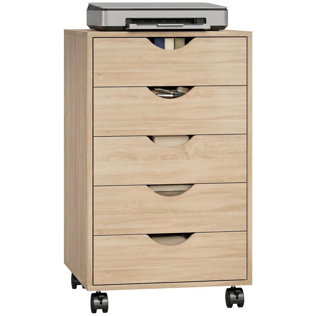 Mobile Office Pedestal, 5 Drawers, Wood, 40 x 40 x 67 cm, Oak