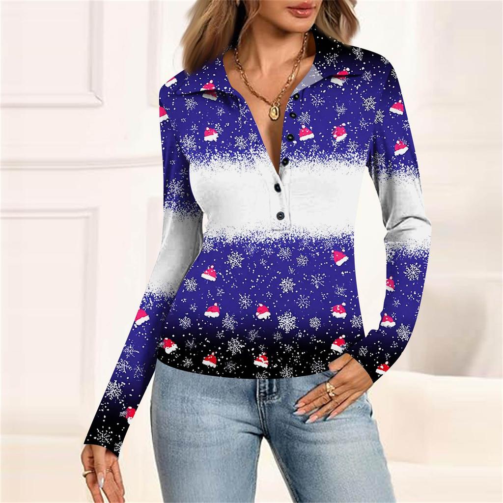 Damenmode Lässig Bedrucktes V-Ausschnitt Langarm Knopfleiste Oberteil