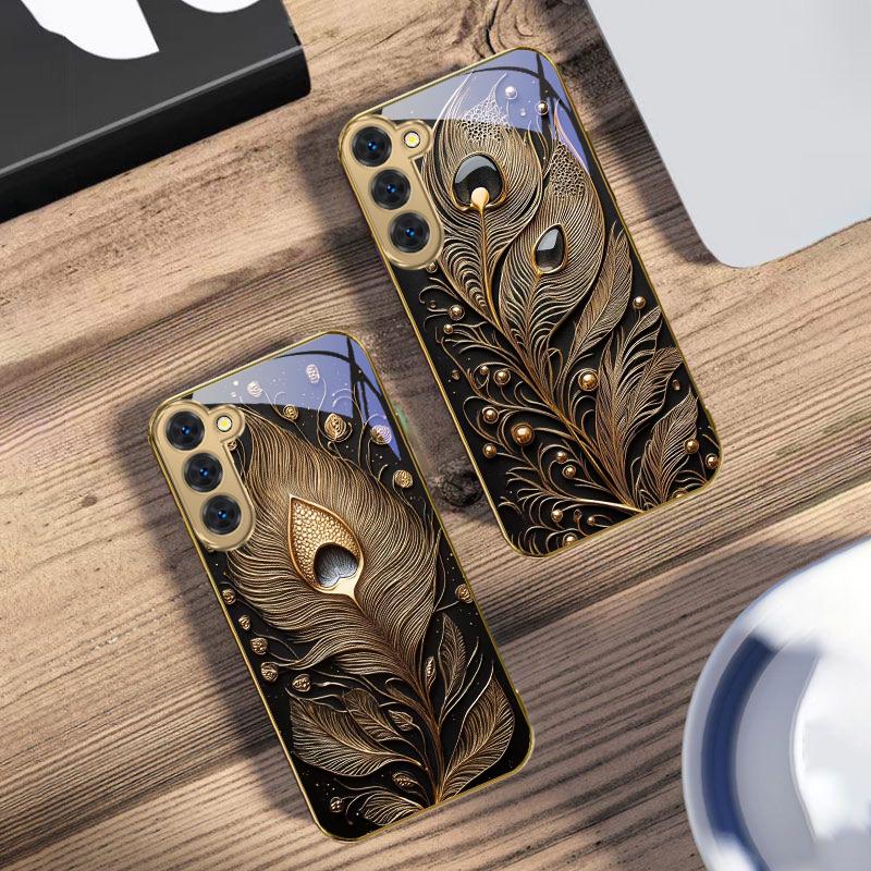 Golden Feather Gemstone For Samsung Galaxy S20 FE S21 S22 S23 Plus S24 Ultra 25Ultra S21+ S9+ S22Plus Golden glass phone case