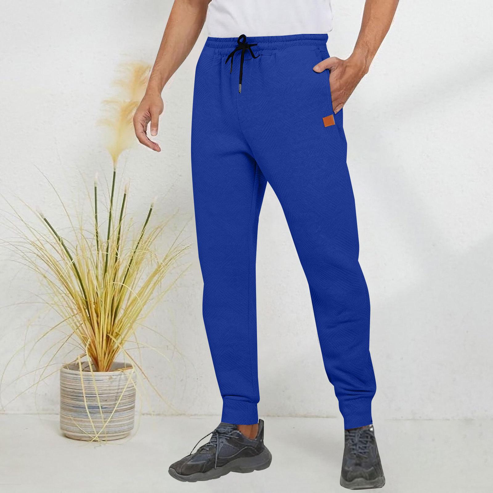 Men s Casual Solid Color Joggers Elastic Drawstring Waist Sports Pants with Pockets S синий