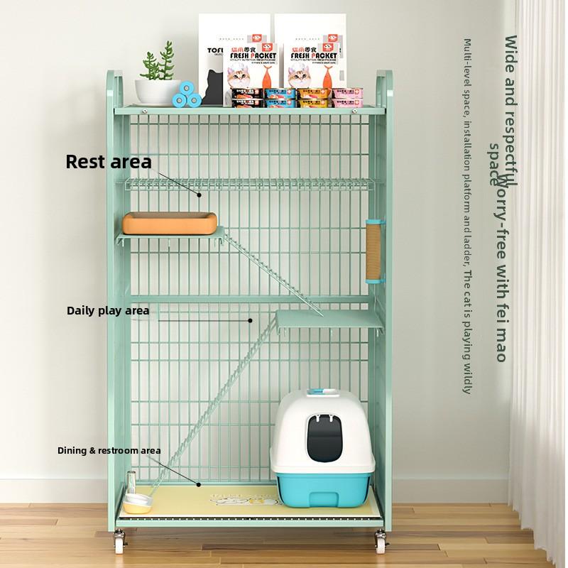 Large Cat House Square Tube Metal Enclosure Multi-Level Kitty Mansion & Pet Playpen Movable Storage Shelf & Comfortable Cat Bed