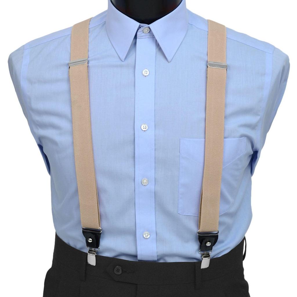 [Bowties.jp] Clip/Button 2-Way Suspenders - Solid Colors: Navy, Burgundy, Brown, Gray, Khaki (Brown)