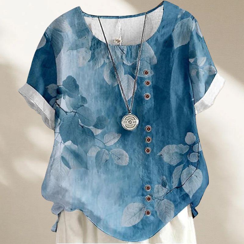 

European Plus Size Women s Clothing Chubby Girl Retro Artsy Blue Leaves Print Breasted Casual Short Sleeve Shirt Top Dress Blue Leaf Chart L Plus size