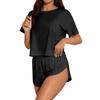 Damen-Pyjama-Set Kurzarm Gestreift Bedruckt Zweiteilig Loungewear Nacken-Pyjama Split-Shorts-Set Weiche Nachtwäsche