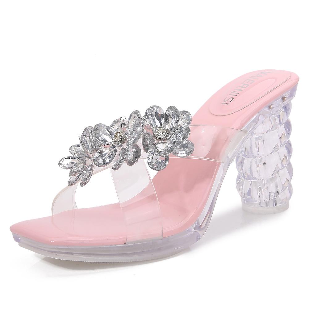 

Большой размер высокий каблук крутые тапочки женские летние новые сексуальные хрустальные с пайетками стразы прозрачные высокие каблуки стеклянные стразы 43 розовый