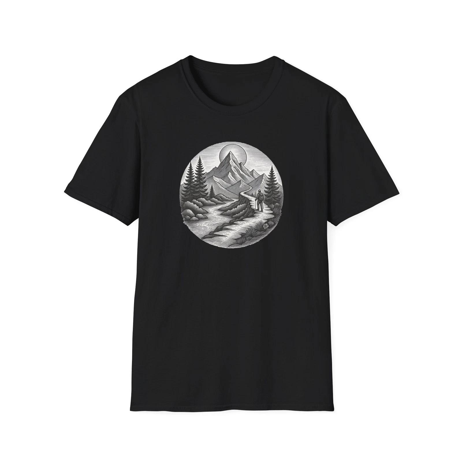 Mountain Landscape T-Shirt | Hand-Drawn River Pines S