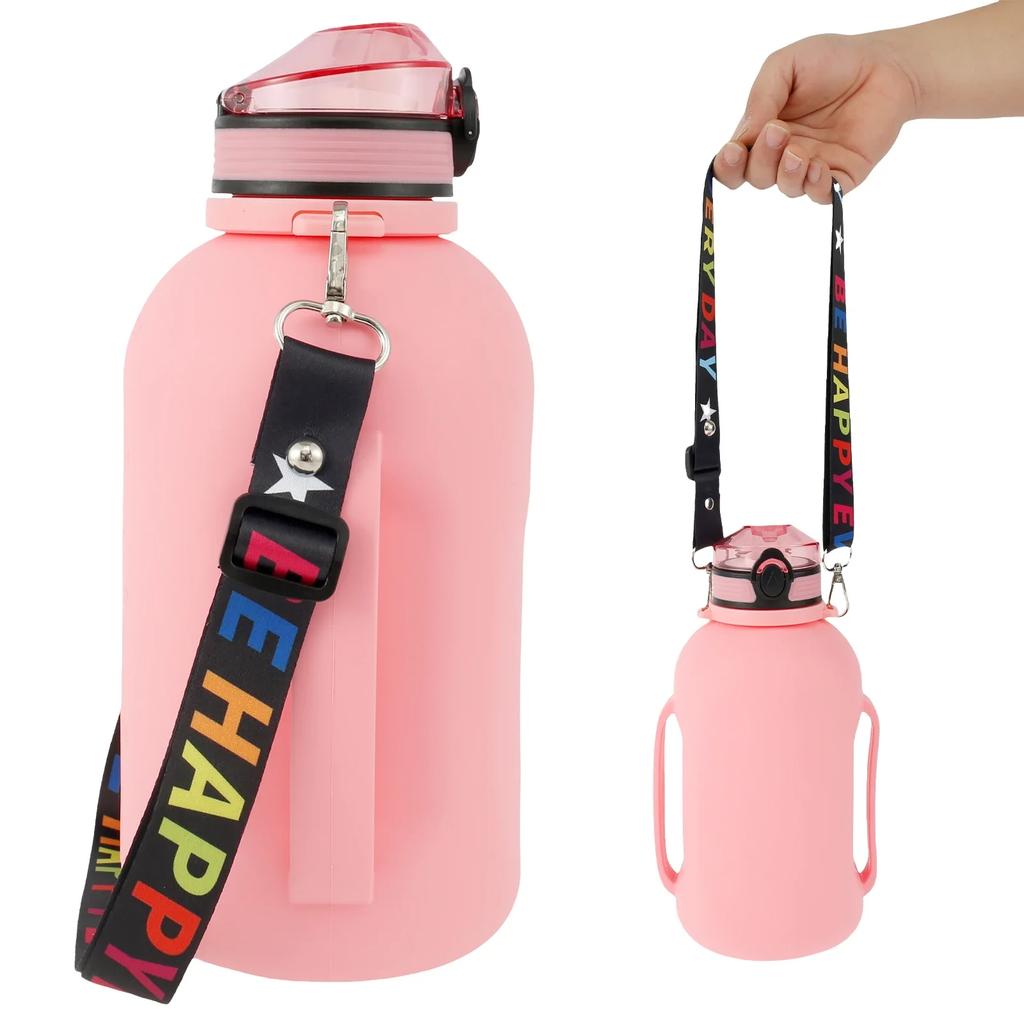 Collapsible Water Bottle 2L/64oz Sport Water Bottle Camping Hiking Leakproof Sports Kettle with Strap Silicone Folding Water Cup