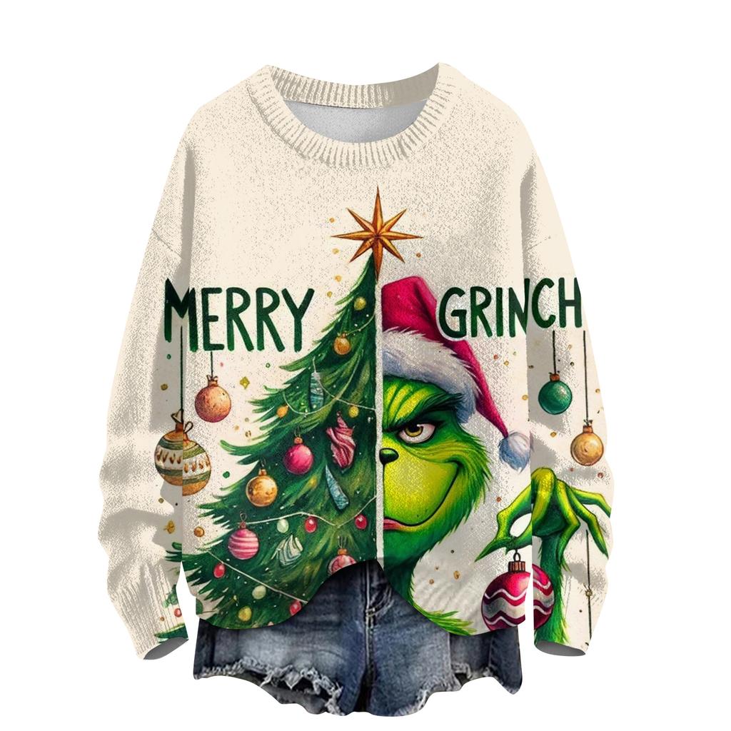 Ladies' Fashionable Casual Long Sleeved Christmas Cute Printed Round Neck Knitted Yarn