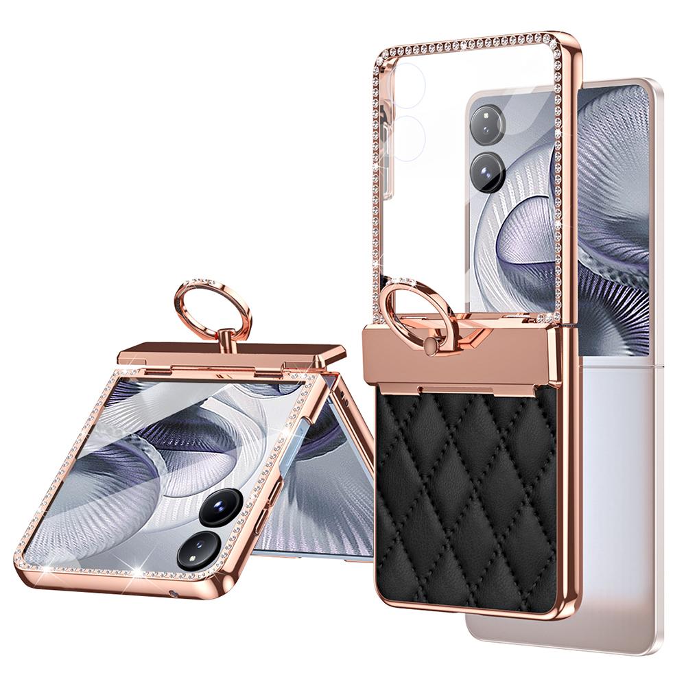 For Xiaomi Mix Flip 2 Case Ring Holder Rhinestone Leather+PC Cover with Rear Screen Film