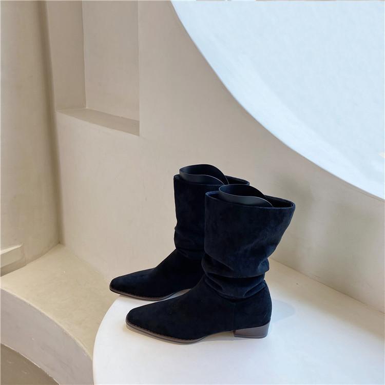 Pleated Pile Boots Retro Pointed Thick Heel Short Boots Western Cowboy Boots Sleeve Knight Boots Women's Summer