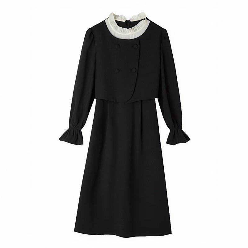 Autumn New Fake Two-piece Design Lace Collar Dress Retro Temperament Waist Slim Long Skirt.