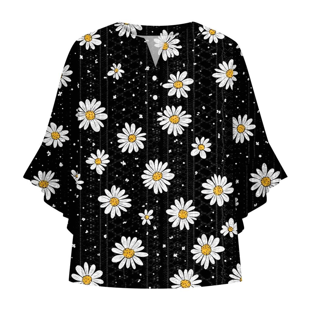Damenmode Lässig Knopf V-Ausschnitt Siebenärmel Vintage Bedrucktes Hemd Top