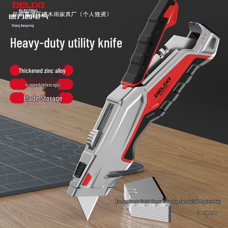 Heavy-Duty Industrial Folding Utility Knife with Thick All-Steel Retractable Blade for Electricians and Cable Work.