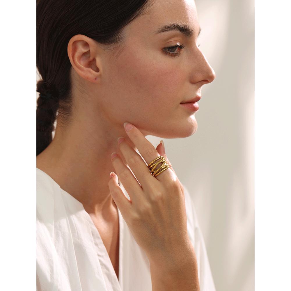 Yhpup Stainless Steel 18K PVD Plated Metal Geometric Golden Wide Ring Trendy Gold Color Charm Statement Jewelry