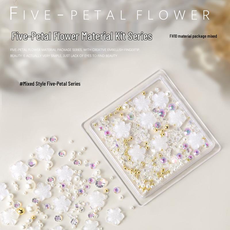 

Five-Petal Flower Rhinestone Nail Art Jewelry Kit: Chain, Steel Beads, Pearls for Handmade Nail Accessories