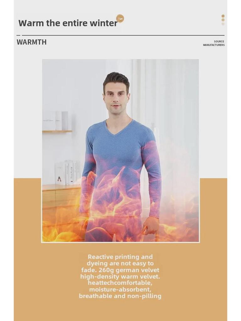 Men's Two-Color German Velvet Warm Suit: No-Pill V-Neck/Round Neck Top & Bottom Set for Autumn/Winter.