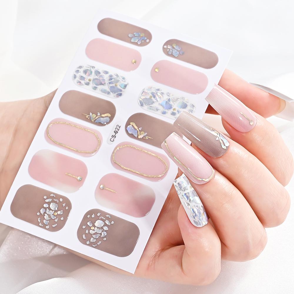14 Tips/sheet Women Girls Full Cover Self-adhesive Nail Polish Stickers Baking Free Marble, Shell Pattern Nail Wrap Decals Decor