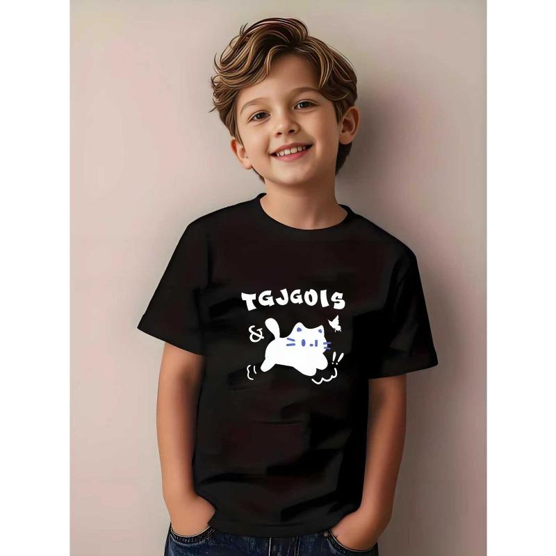 

European sizes Short Sleeve T-Shirt with Kitten Cat Print - Summer Casual Round Neck Tee 98cm чёрный