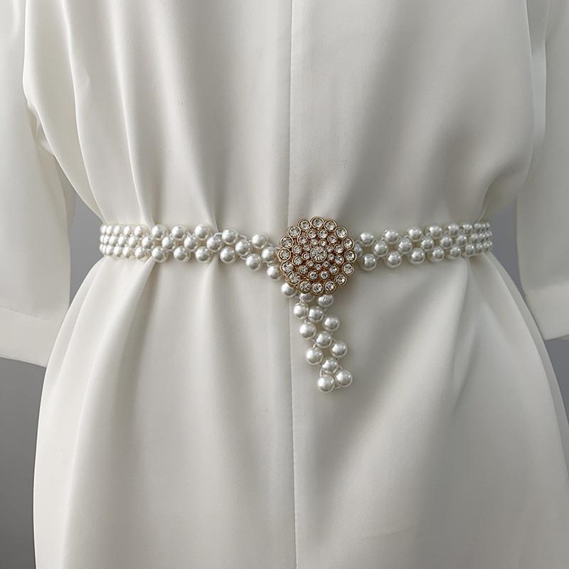 Elegant Pearl And Rhinestone Embedded Waist Belt For Women's Dresses And Outfits