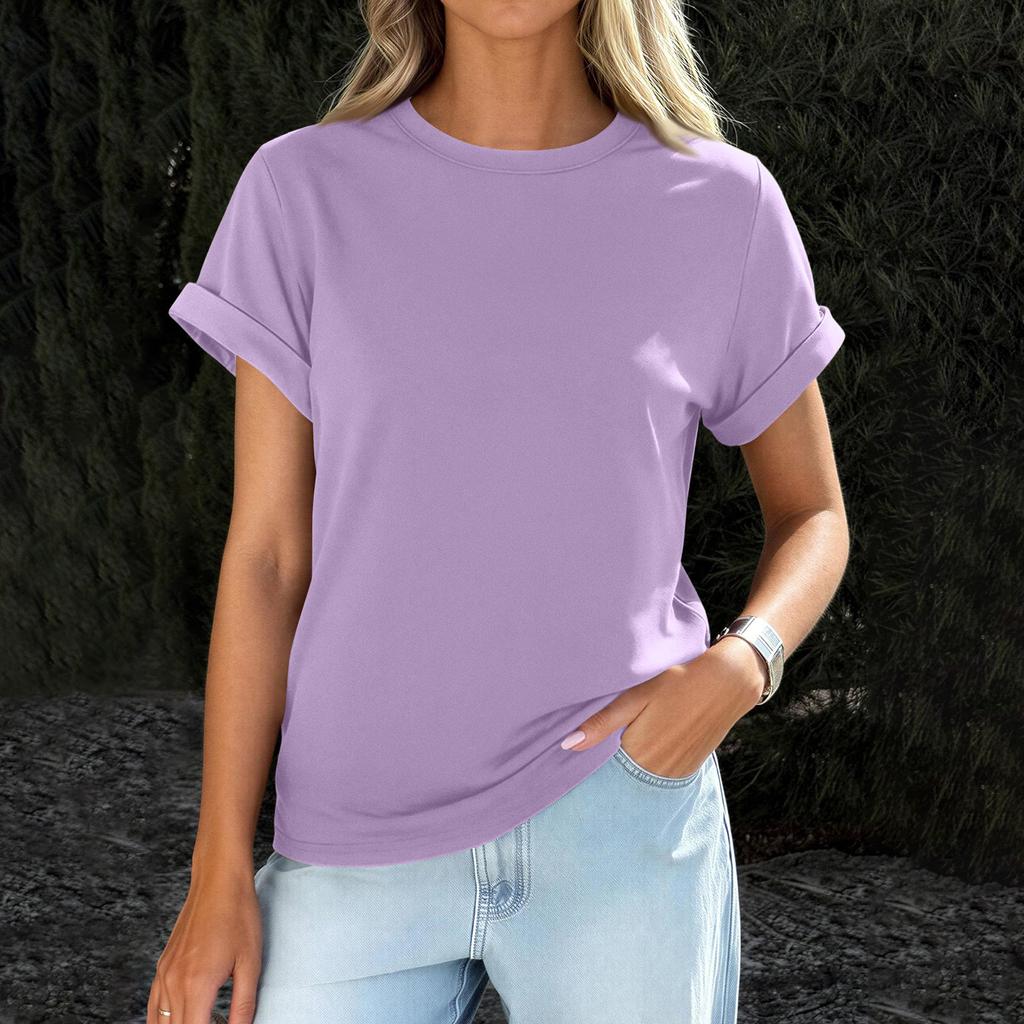 Womens  Casual Rolled Short Sleeve Basic Tees Fashion Tops