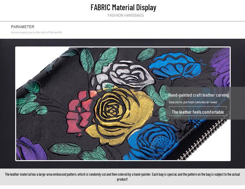 Rose Flower Ladies Genuine Leather Wallet – Double Zipper, Large Capacity, Multi-card Slots