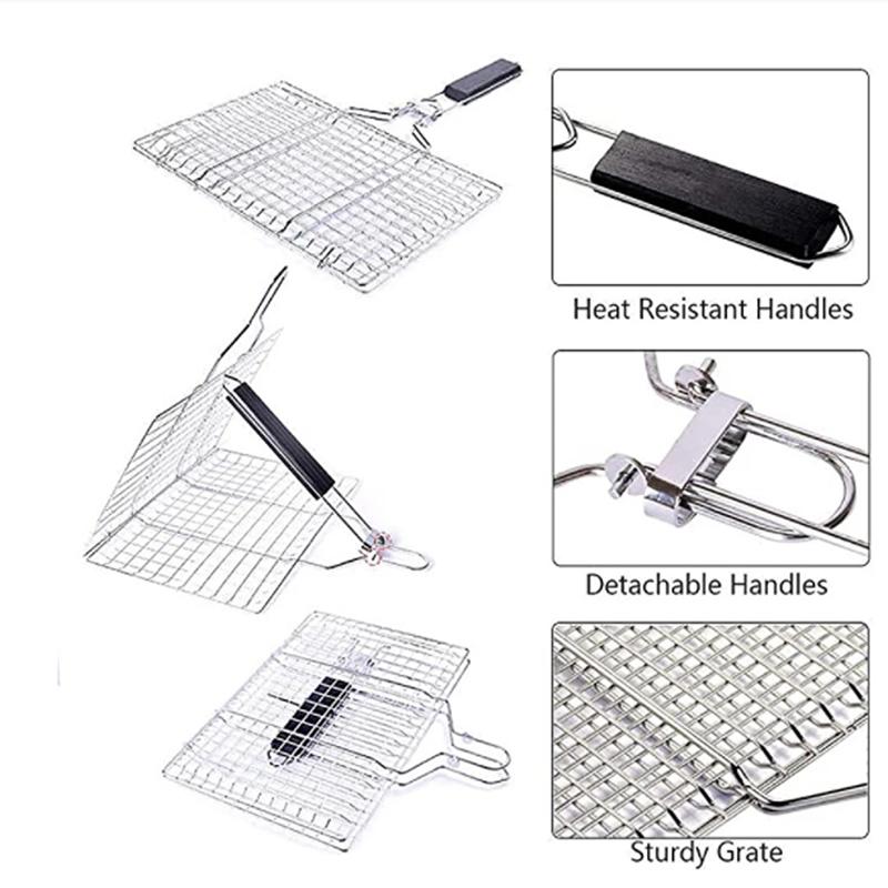 Grilling Basket Folding Portable Outdoor Camping Stainless Steel BBQ Rack with Removable Handle Barbecue Griller Cooking Tool