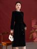 Festive Velvet Silk Dress: Round Neck, Solid Color, Mid-Length Skirt for Women 1983