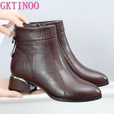 Ankle Boots Women Pointed Toe Thick Heels Genuine Leather Shoes Short Boots Soft Sole Footwear Plus Size 35-43