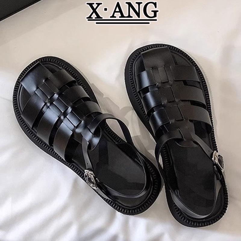 Leather bag head sandals women's platform Roman women's shoes 2025 summer new woven pig cage shoes hollow hole shoes