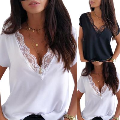 Women Sexy Solid Color Lace Patchwork Deep V Neck Short Sleeve Blouse Shirt Top