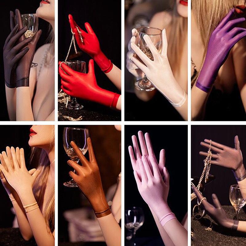 Women Oil Glossy Tight Stocking Gloves Sexy High Elastic Transparent Ultra-Thin Clubwear Short Wrist Gloves
