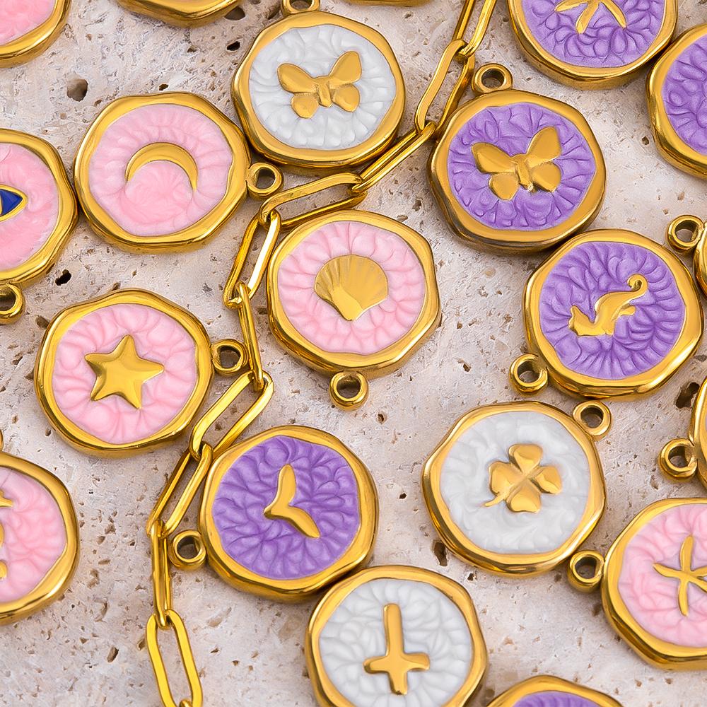 5 Pcs/Lot French Retro Style Enameled Round Stainless Steel Multi Pattern Pendant For DIY Necklace Jewelry Accessories Wholesale
