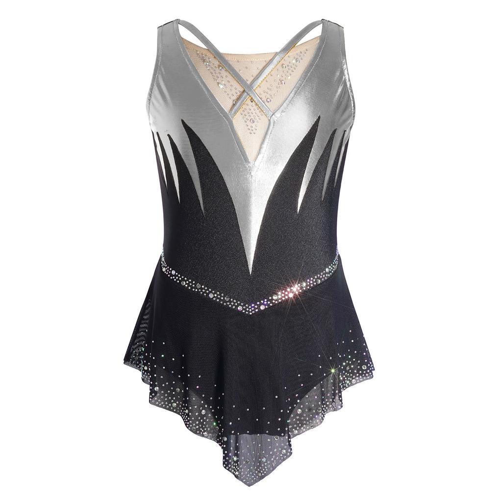 Girls Gymnastics Figure Skating Dress: Sleeveless Cross Front Mesh Patchwork Sparkling Rhinestone Color Block with Built-in Briefs