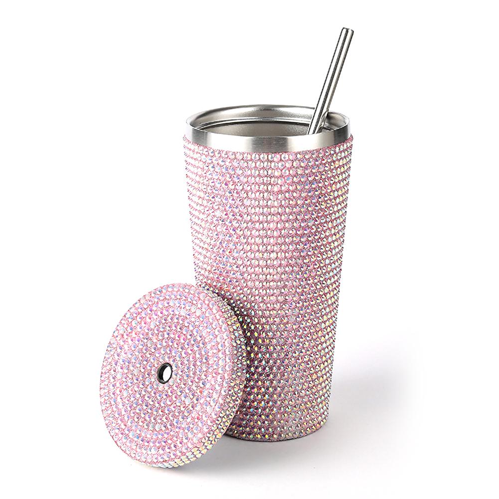 New 500ml Rhinestone Stainless Steel Double Layer Thermos Cups Women Glitter Cup Water Bottle Gift Reusable Straw Cup With Lid