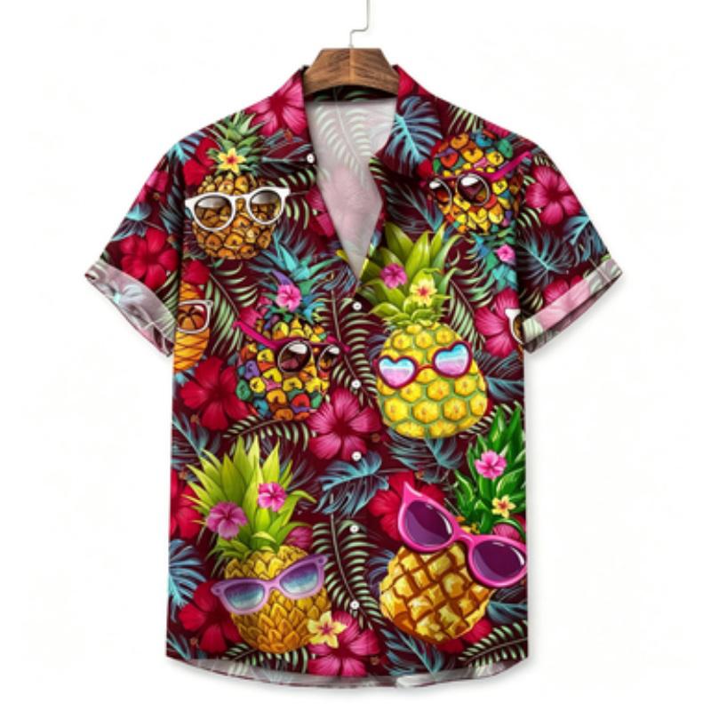 Men's short sleeved shirt with collar and short sleeved shirt, sunglasses, pineapple printed Hawaiian hibiscus flower
