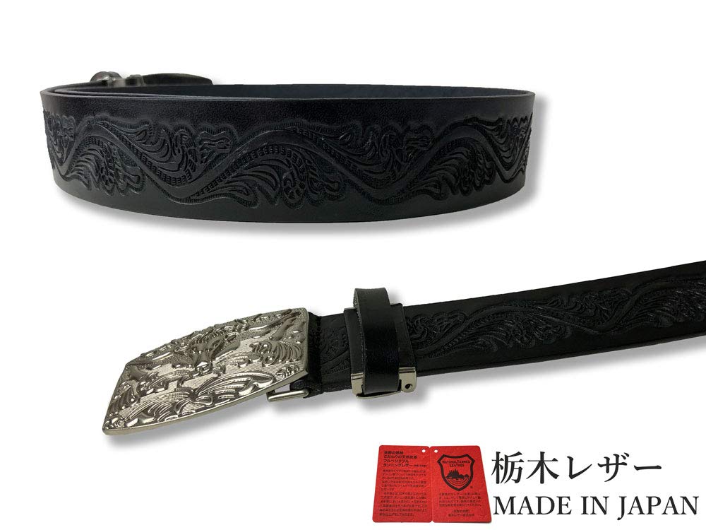 WING LEATHER Tochigi Leather Belt for Men, Genuine Leather, Casual, Made In Japan, Cowhide, Domestic, Stylish, Embossed, 40mm, L Size, Black