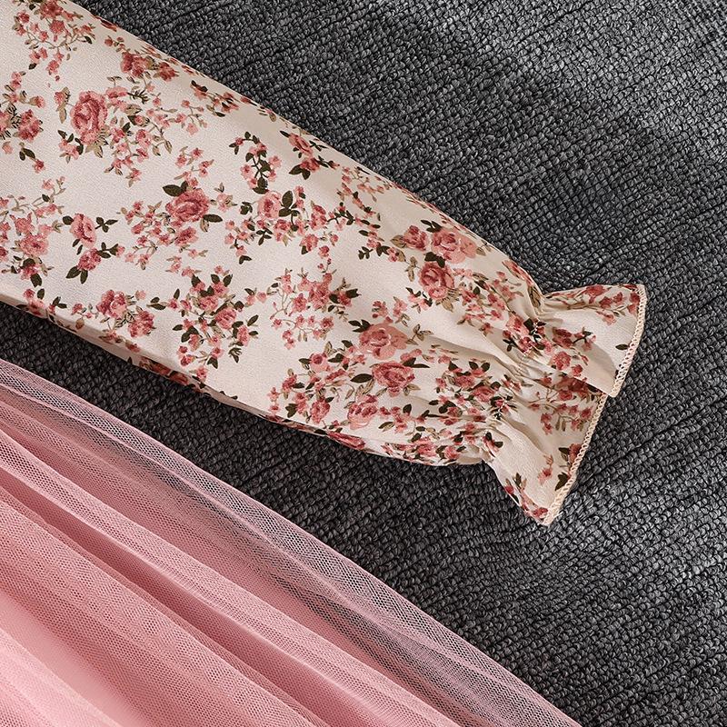 Mädchen Herbst Neu Langarm Blumendruck Taillenbetonendes Mesh Prinzessinnenkleid