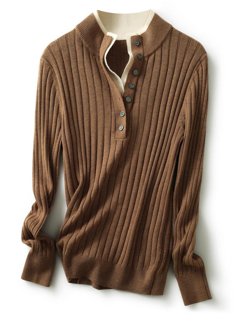 Women's Ribbed Knit Double-Layer Pullover Sweater with Stand Collar - Long Sleeve, Color Block Design for Autumn/Winter