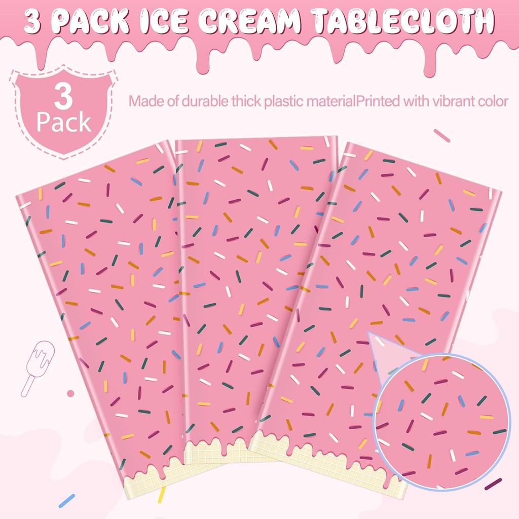 3Pcs Sprinkle Donut Tablecloth, Pink Ice Cream Table Cloth Disposable Plastic Rectangle Table Covers for Baby Girl Sweet One Birthday Donut Grow Up