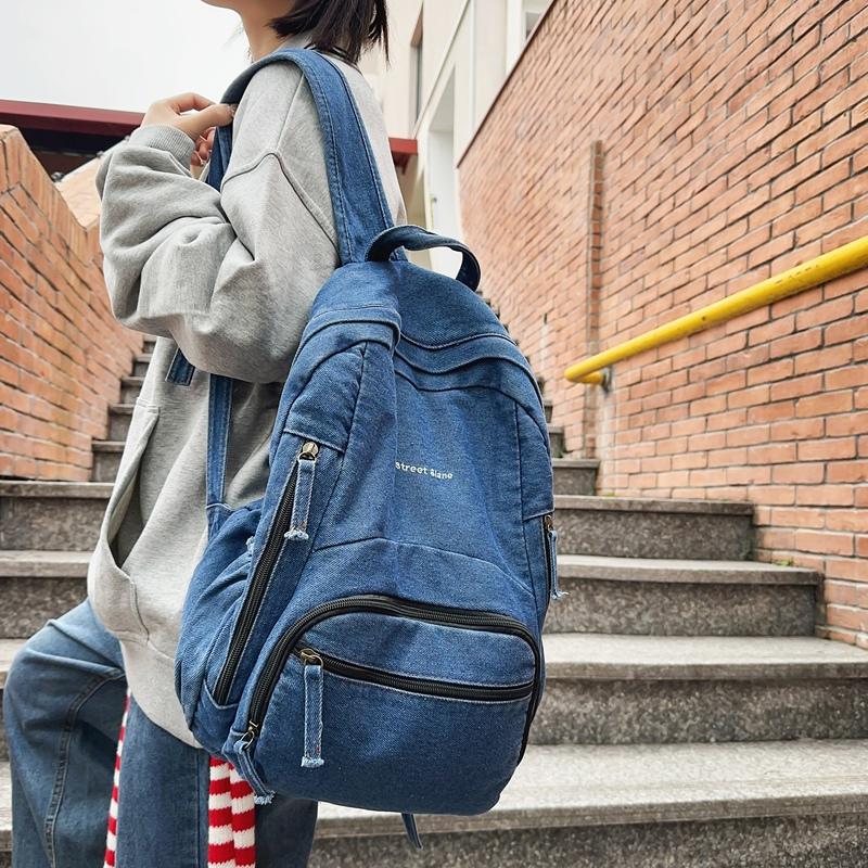 Womoen Large Capacity Denim Backpack Middle School Student Schoolbag