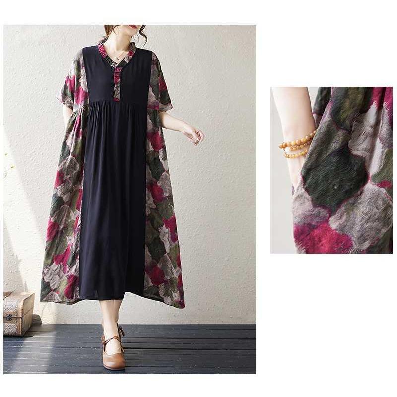 Summer New Literary Large Size Printing Splicing Wood Ear Lace Casual Swing Short Sleeve Long Dresses