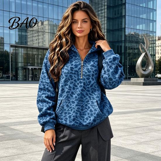 Relaxed Fit Pullover Top Women Leopard Print Hoodie, Oversized Half Zip Hooded Sweatshirt with Spring Autumn Kangaroo Pocket, Fall Long Sleeve Casual