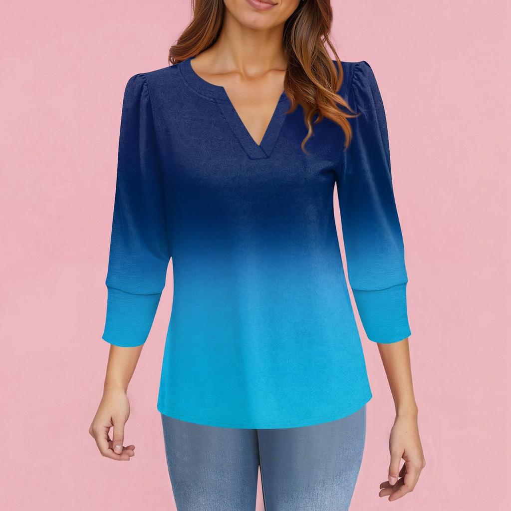 Women's Fashion Casual 3/4 Sleeve Print Shirt Women's V-Neck Tops