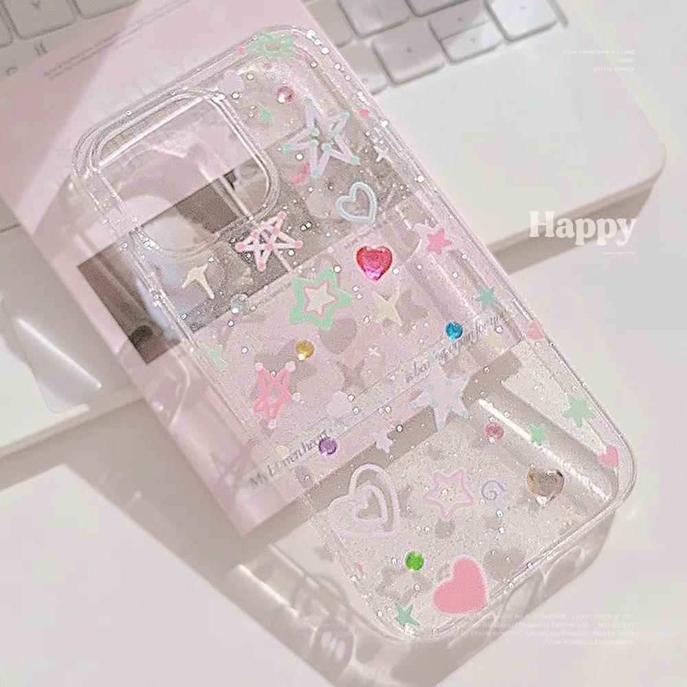 Japan Korean Popular Colorful Cute Star Love Illustration Suitable For IPhone16 15 14 13 12 11 Pro Max 78Plus Fashion INS Shell