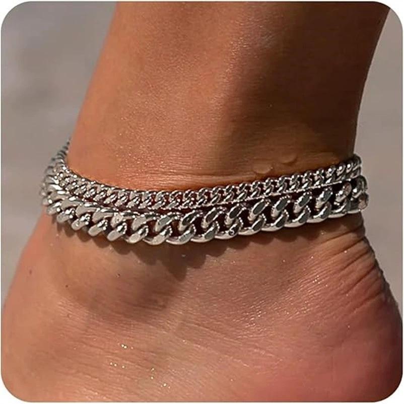

Classic Simple Double-layered Stacked Thick Thin Cuban Chain Anklets for Women Men Daily Fashion Foot Chain Accessories Jewelry