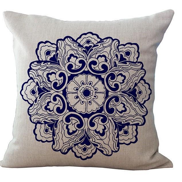 Retro Blue and White Porcelain Pillowcase Geometric Printed Cotton and Linen Sofa Pillowcase Bathroom Sofa Decorative Pillowcase