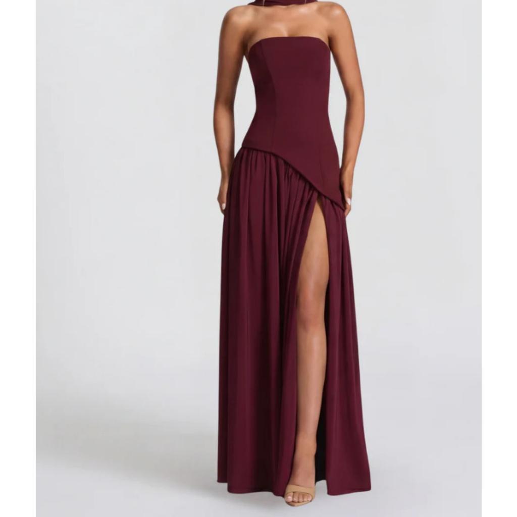 European American Women's Strapless Solid Color Backless Dress, Sexy High Slit Long Party Dress, New Fashion Casual Maxi Dress